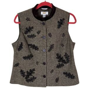 Talbots Sz PM Vtg Herringbone Tweed Vest Brown Wool Silk Blend Leaf Beaded Fall